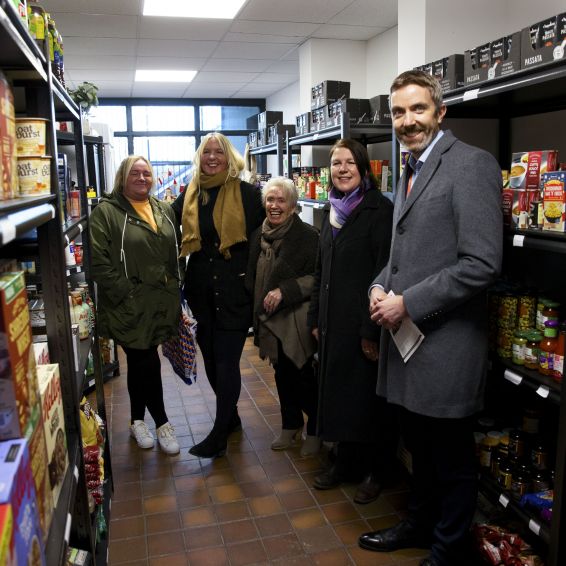 Image [L-R] Tenant Jodie Docherty, Larder Co-ordinator Suzanne Oliver, volunteer Sally Brookes, Councillor Wardrop and Wheatley Chief Executive Steven Henderson - photo by Craig Williamson