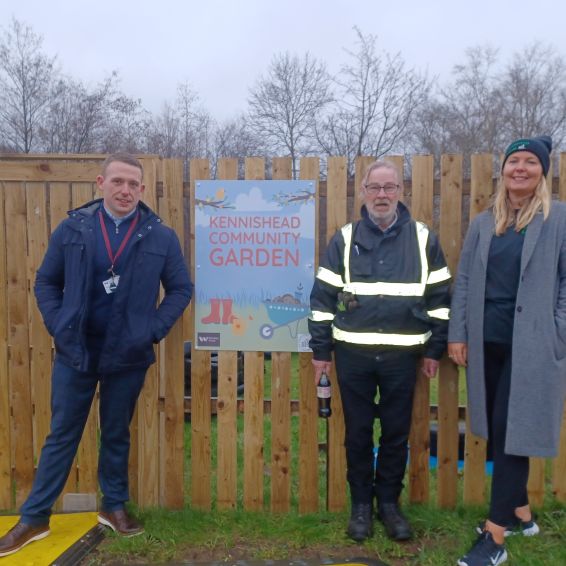 Wheatley Group Environmental Team Leader Elliott Gibb, Wheatley Homes Glasgow tenant William Eadie and Kennishead Larder Co-ordinator Suzanne Oliver 