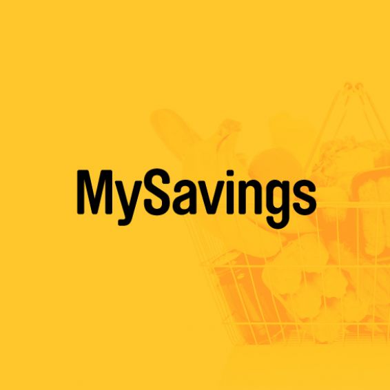 Yellow background with a shopping basket of fruit and black text reading MySavings